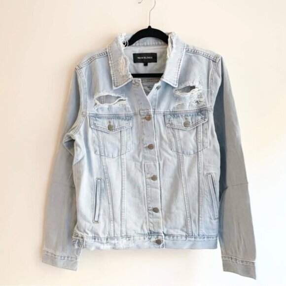 FREE PEOPLE Neon Blonde Denim Jean Jacket Oversized Light Wash Distressed XS - Picture 9 of 16